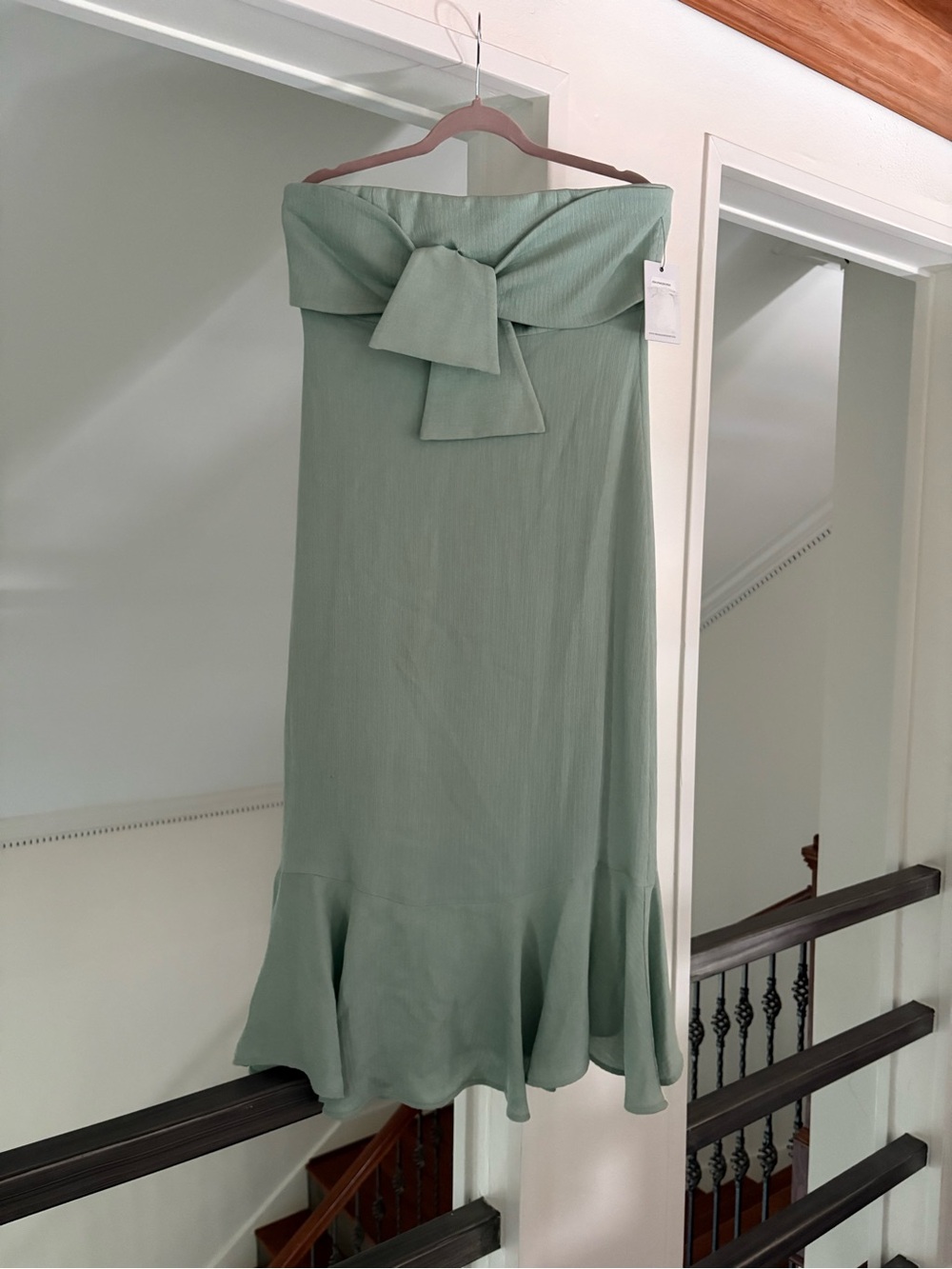 Prose & Poetry Green Strapless Ribbed Bow Midi Fit & Flare Dress Size L